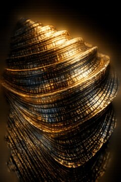 Abstract metallic sculpture with swirling patterns in gold and silver tones, illuminated by soft light against a dark background.