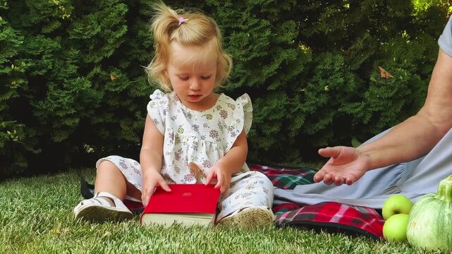 Toddler girl looks through a book during an outdoor family picnic, early learning, childhood reading, summer leisure and educational activity.