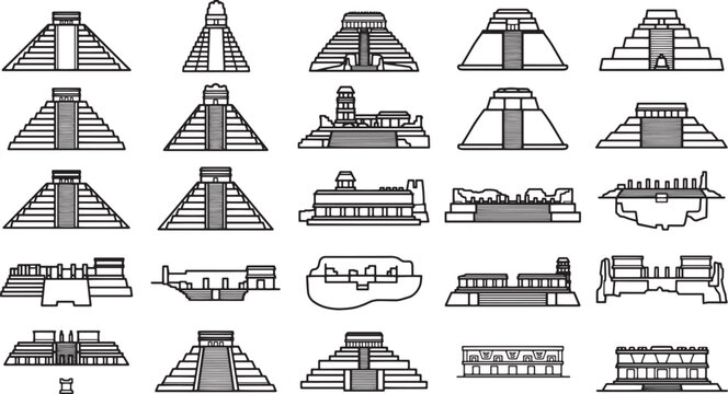 A collection of Mayan pyramid illustrations in a graphic style.