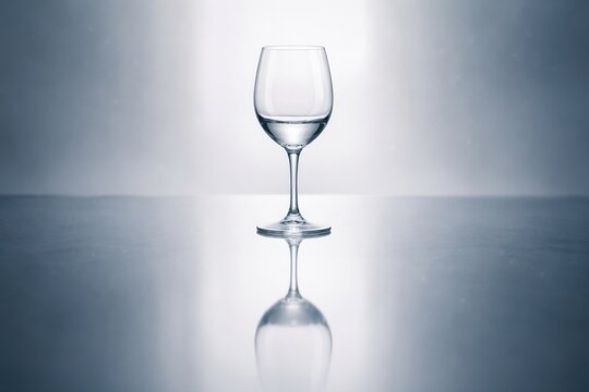 Clear wine glass filled with white wine positioned on a reflective surface against a soft gradient background, showcasing the drink's clarity and color.