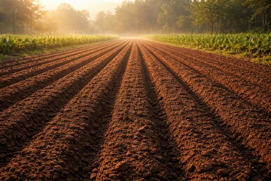 Agricultural field with freshly plowed soil in straight rows, surrounded by trees under a soft morning light, creating a tranquil rural landscape.