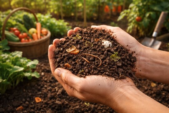 Hands of a farmer holding rich soil with small green plant, basket of vegetables in the background, lush garden rows under warm sunlight in a rural setting.