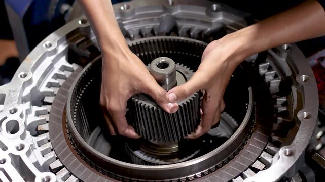 Mechanic installing planetary sun gear shaft into transmission drum.