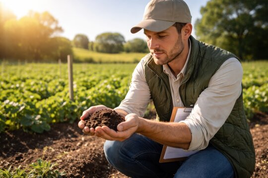 Male agricultural scientist in white lab coat examines soil quality while kneeling in cornfield with green plants and tablet device on the ground nearby.