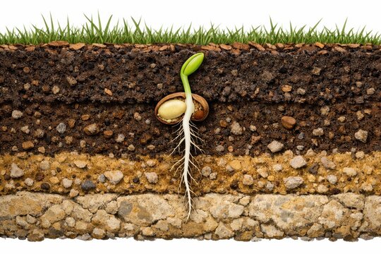 Seedling sprouting from soil layers with roots extending into dark earth and green grass above, illustrating plant growth and soil composition