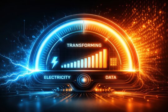 Digital speedometer graphic displaying electricity and data metrics with vibrant blue and orange lightning effects, conveying high energy and performance in technology.