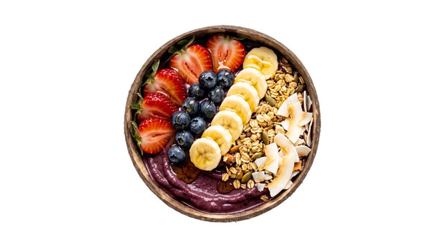 Fresh acai bowl with berries and granola isolated on transparent background