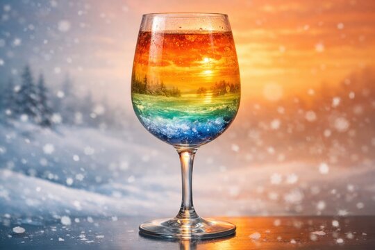 Colorful cocktail glass filled with a vibrant liquid reflecting a sunset scene, surrounded by falling snowflakes in a winter landscape
