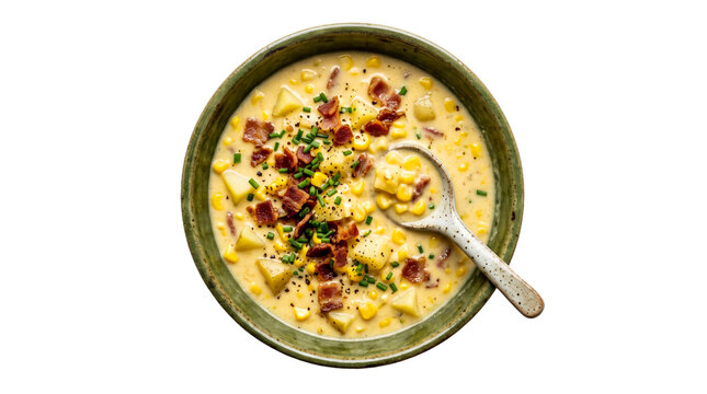 Creamy corn chowder with bacon in a bowl isolated on transparent background