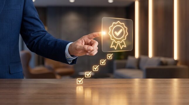 a corporate business concept photography of a professional executive wearing a dark suit, shown from the torso with face outside the frame, extending one hand and touching a glowing virtual icon 