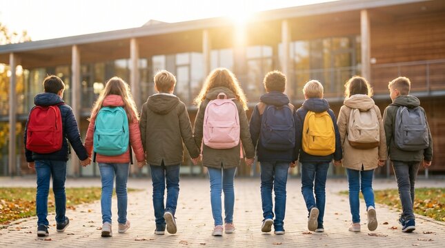 a cinematic back-view photograph of a diverse group of elementary school children walking together toward a modern school building, each child carrying a colorful backpacks 