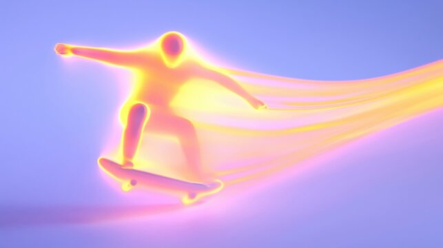Neon glowing skateboarder performing dynamic jump trick in futuristic blue city skatepark