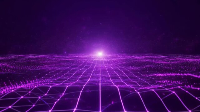 Futuristic digital grid network glowing in purple light forming an abstract cyberspace landscape for modern technology concept