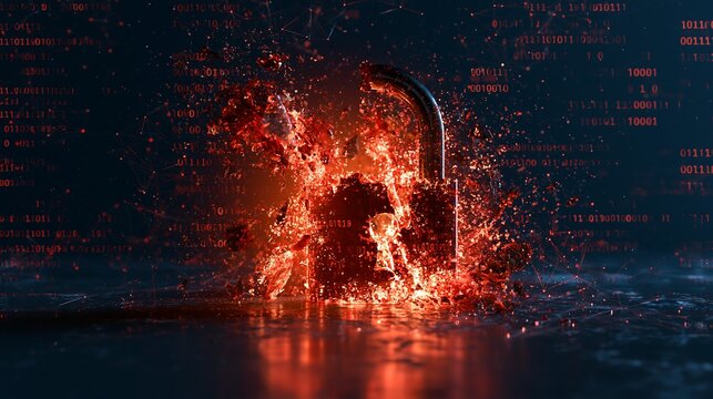 Exploding padlock with fiery embers and red code symbolizing cybersecurity data breach.