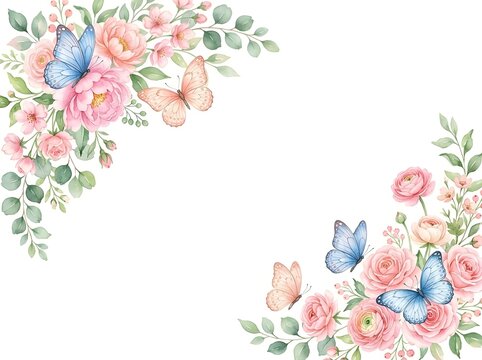 Beautiful watercolor flowers with butterflies frame illustration for wedding invitation card and romantic greeting card design with soft pink rose petals