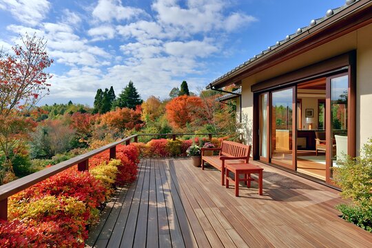 鮮やかな紅葉とウッドデッキ晴れた秋の庭園の絶景