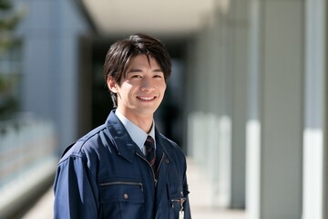 Obraz premium 若い日本人男性が作業着姿で笑顔働くプロ意識と未来への希望