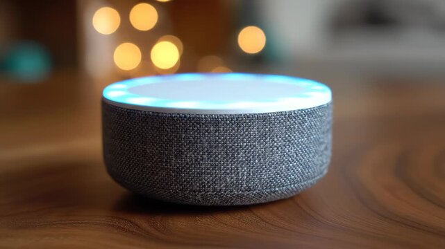 Smart speaker with blue glowing ring on a wooden table.
