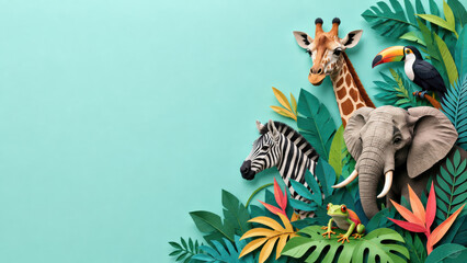 Naklejka premium construction paper, jungle landscape, elephant, giraffe, monkey, flamingo, layered, papercut, river, wildlife, tropical, colorful, handcrafted, foliage, mountains, trees, sunset, safari, animals, illu