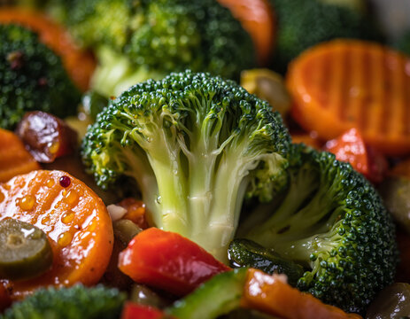 Close-up macro photography of fresh saut&eacute;ed broccoli and glazed carrots showcasing healthy vegetable textures