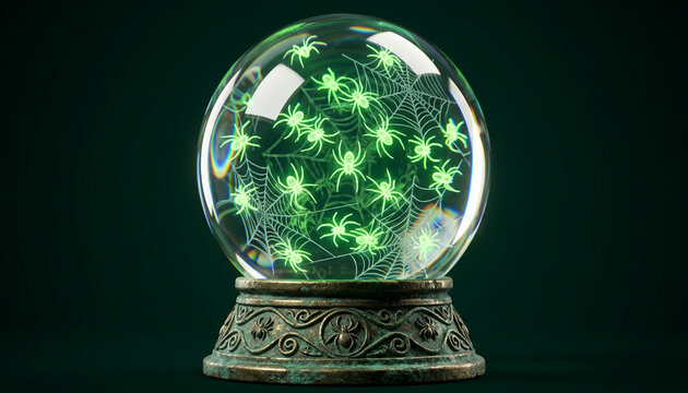 Spooky Halloween concept of a magic crystal ball filled with glowing neon green spiders and cobwebs on an ornate antique base