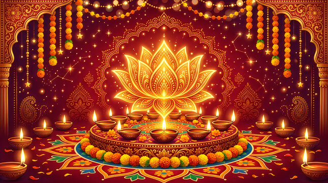 Happy diwali festival lights lotus flower ornate celebration auspicious prosperity.