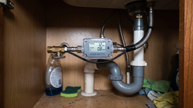 Digital Water Meter Measuring Flow Rate and Usage Installed Under Kitchen Sink, Symbolizing Smart Home Technology, Water Conservation, and Resource Management