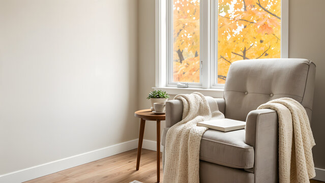 Cozy Autumn Reading Corner with Armchair Throw Blanket and Window View