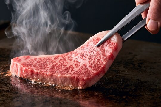 熱い鉄板で焼かれる和牛の高級ステーキ肉香ばしい香り