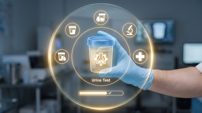 Urine test medical analysis in laboratory, gloved hand holding urine sample container with digital HUD interface, clinical diagnostics and urology health screening concept