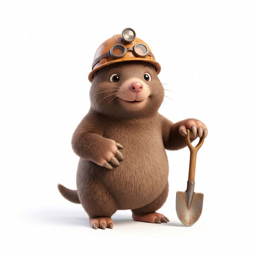 Taupe mineur avec casque, lampe frontale et pelle en illustration 3D