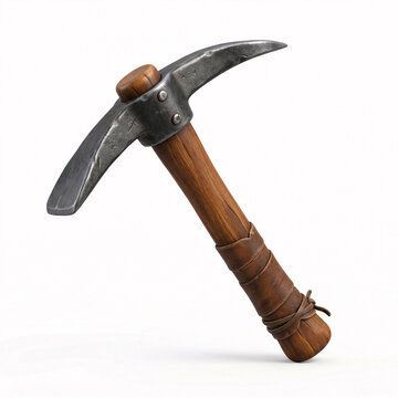 Pioche de mineur avec manche en bois isol&eacute;e sur fond blanc en illustration 3D