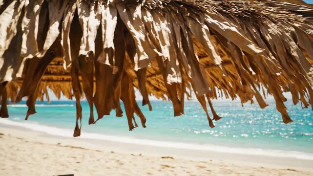 Tropical beach view through a thatched parasol roof with turquoise water and white sand.