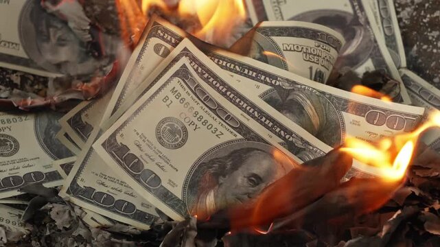 Burning prop 100‑dollar US banknotes with flames and ash debris