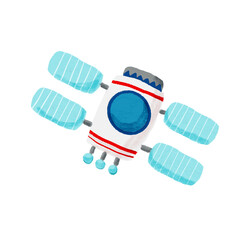 Cute cartoon space satellite illustration with solar panels, hand-drawn textured artificial spacecraft © nita