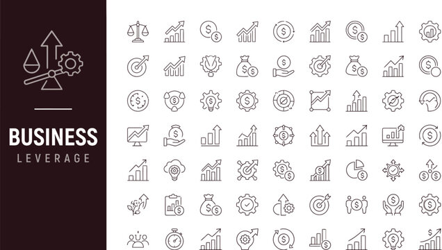 Business leverage outline icon set with growth charts and financial success symbols outline icons finance icons
