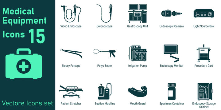 Set of 15 medical equipment featuring endoscopy tools, surgical instruments, and hospital furniture in dark teal and light green
