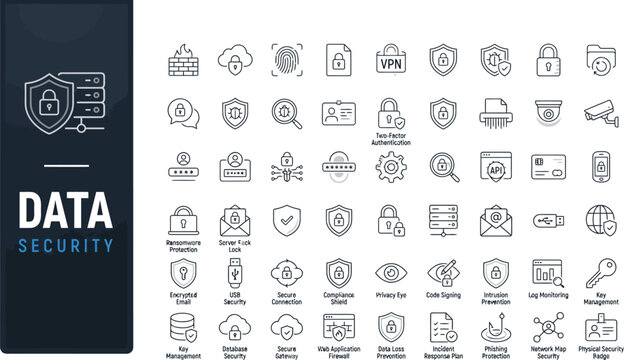 Data security line icon set featuring cyber protection and privacy symbols shield icons network safety information