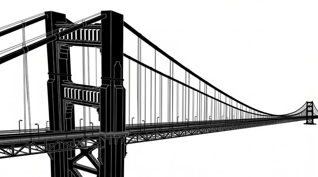 Golden Gate Bridge black silhouette perspective line art vector illustration isolated on white background