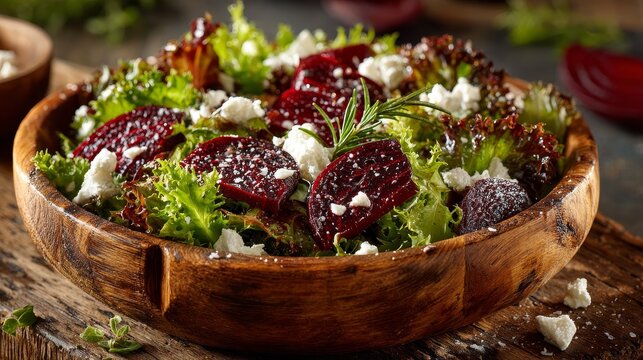 Mixed salad leaves with pickled beets and creamy goat cheese drizzled with honey in rustic wooden bowl, soft natural light, vibrant colors and farm to table handcrafted style