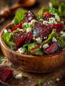Mixed salad leaves with pickled beets and creamy goat cheese drizzled with honey in rustic wooden bowl, soft natural light, vibrant colors and farm to table handcrafted style