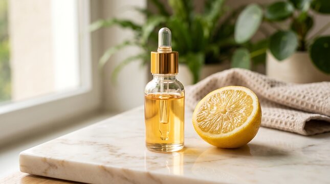 Glass dropper bottle filled with golden yellow cosmetic oil standing next to half sliced fresh lemon on marble surface with soft natural light and blurred green plant.