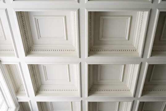 Coffered ceiling grid detail close up, soft natural daylight