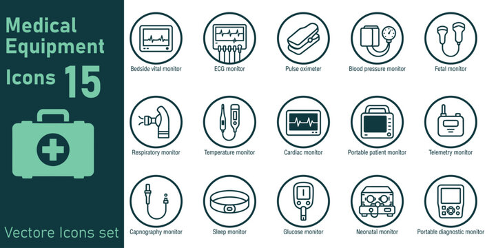 Set of 15 medical equipment line of vital signs monitors, diagnostic devices, and healthcare technology symbols