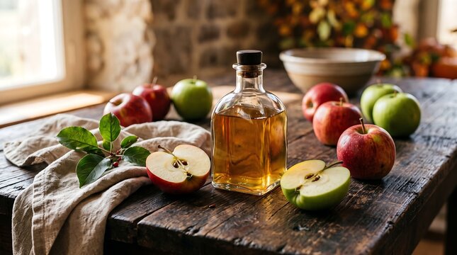 Fresh organic apples and bottle of homemade apple cider vinegar on rustic wooden table, healthy food concept in warm ambient light.