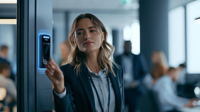 Businesswoman scanning keycard on smart electronic access control reader in modern office.