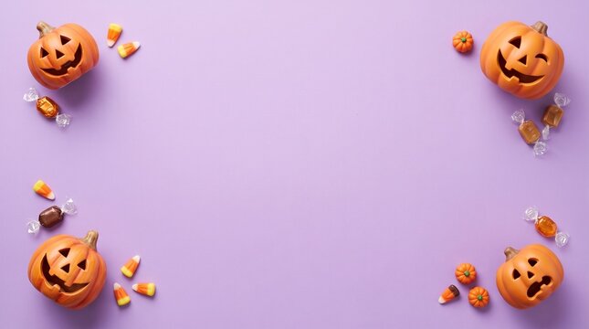 Halloween pumpkins and colorful candy arranged in a decorative border on a lilac background
