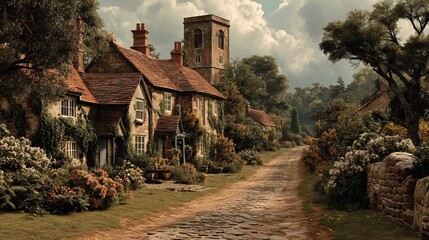 Fototapeta premium Classic cinematic poster style of a traditional English village in early twentieth century England, day light scene with emotionally complex mood, closeup detail and timeless elegant composition