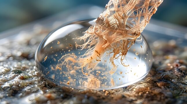 A ro view of a water droplet with suspended organic fibers and specks  captured on a gritty  wet ground