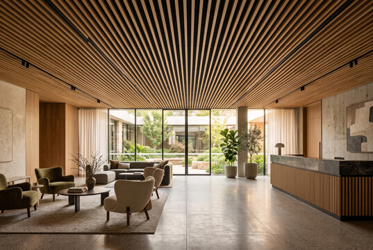 Timber slatted acoustic ceiling in contemporary hotel lobby interior